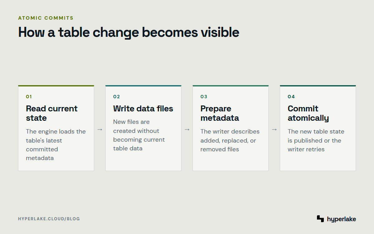 Diagram: A writer reads table state, writes files, prepares metadata, and atomically commits the change.