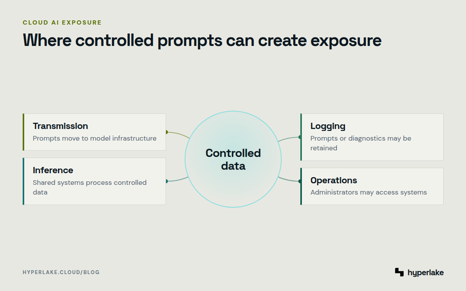 Diagram: Controlled data passes through transmission, inference, logging, and infrastructure operations.